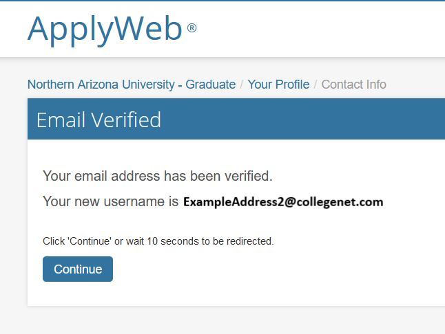 Email verified screen explaining the email address has been verified with a Continue button.