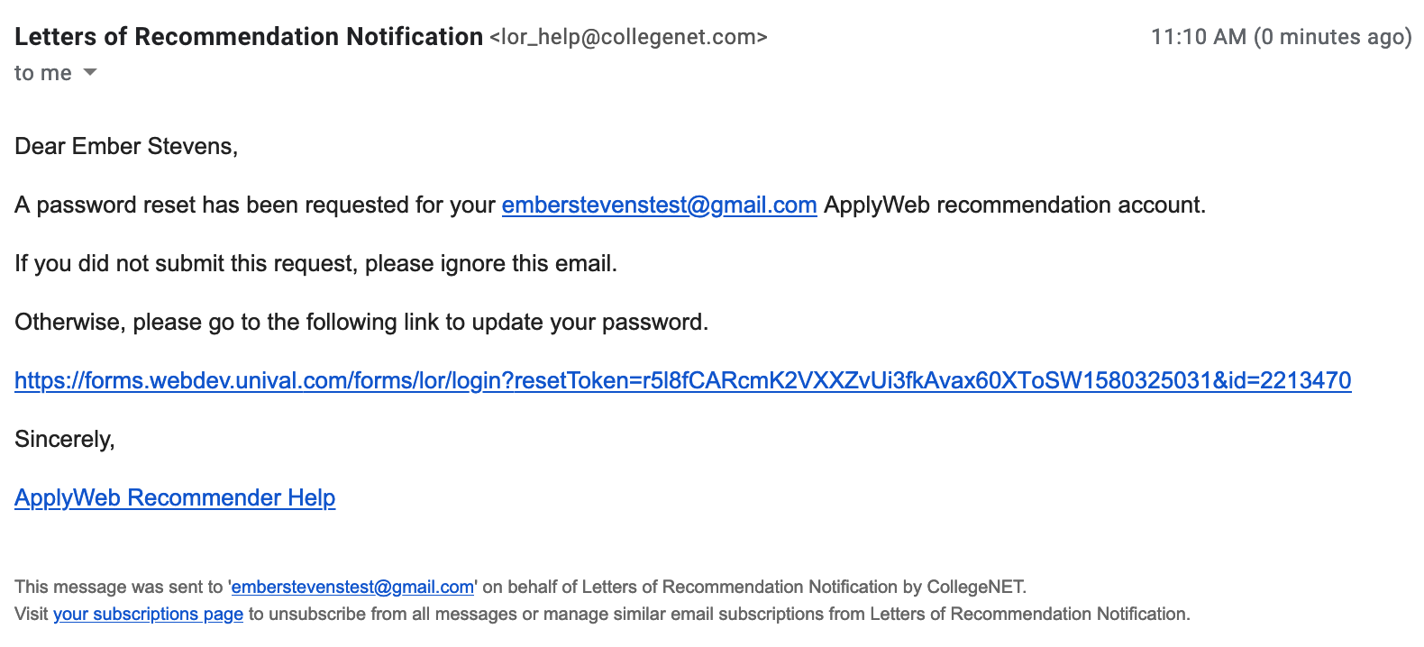 Password Reset Request Email Example