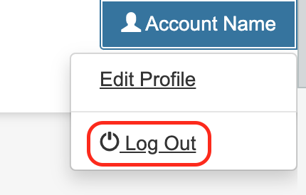 Screen shot of the top right corner of the Applicant Portal dropdown. The user's Account Name is selected, shown by highlighted in Blue. There is a head and shoulders person icon to the left of the Account Name. Underneath is the open Dropdown Menu showing two options, Edit Profile and Log Out. Log Out is encircled in Red.
